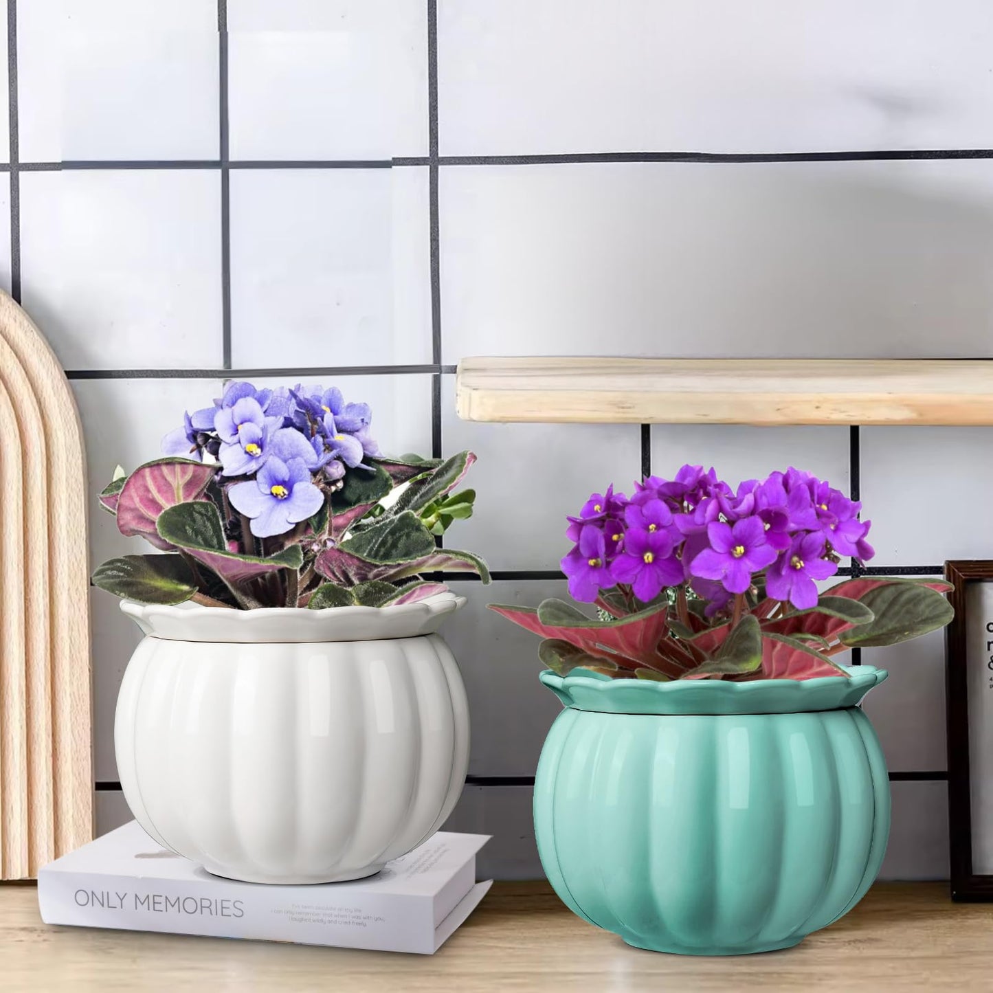 BUYMAX African Violet Pots, 6 inch Pumpkin-Style Ceramic Easy Self Watering Plant Pot for Busy Plant Lovers, Automatically Absorb Appropriate Amount of Water, Flower Pot Indoor-Plants Not Included