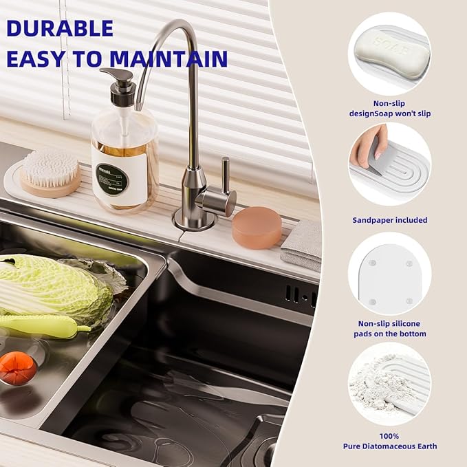 PEKER Faucet Mat for Kitchen Sink 19.7" – Diatomite Fast Drying Stone Sink Tray