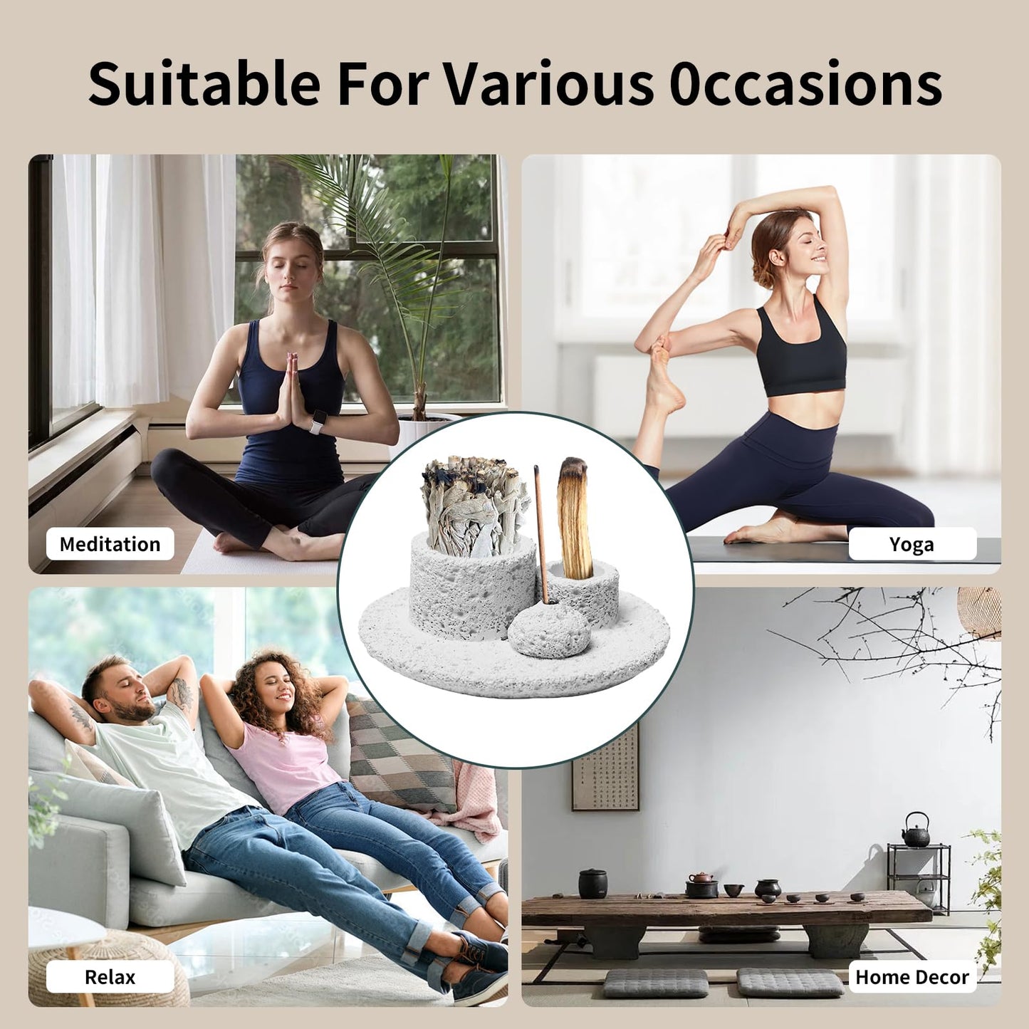 4 in 1 Cement Holder for Incense Sticks/Palo Santo/Sage Sticks/Candle