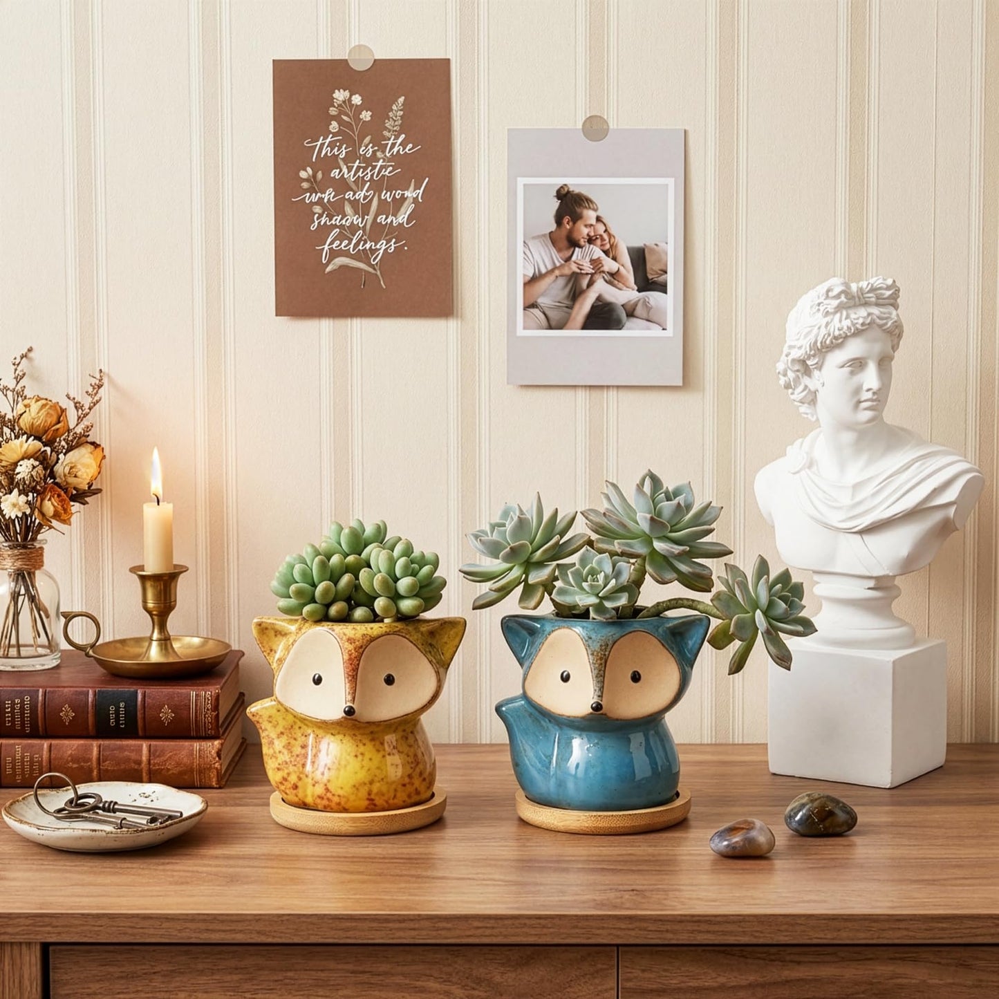 Dicunoy 6 Pack Mini Animal Succulent Planters with Bamboo Tray, 4" Ceramic Fox Flower Pots with Drainage Hole, Cute Cactus Planter for Indoor Plants, Home, Office, Window Decoration