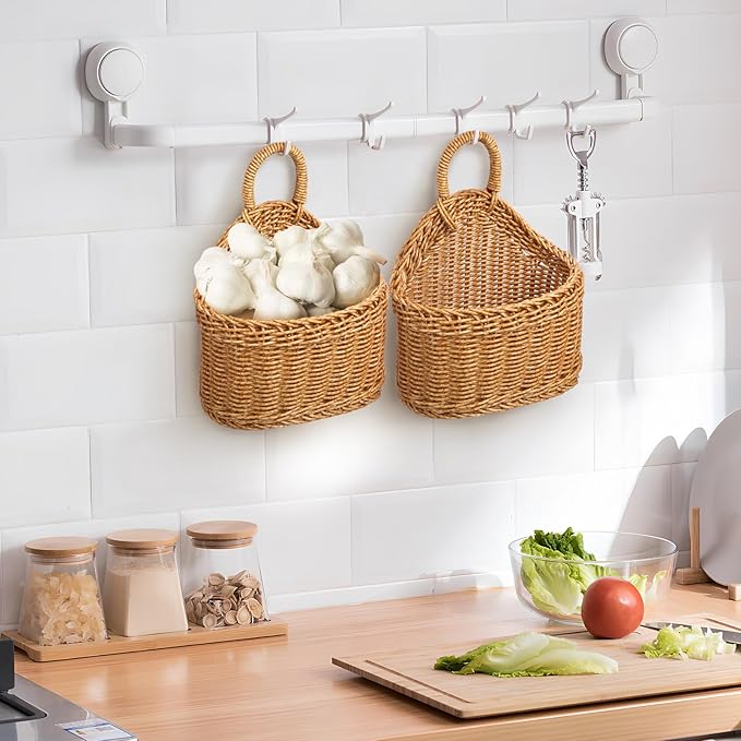 Woven Hanging Storage Basket for Kitchen 9.64X7.48X3.93In Rattan Wall Basket