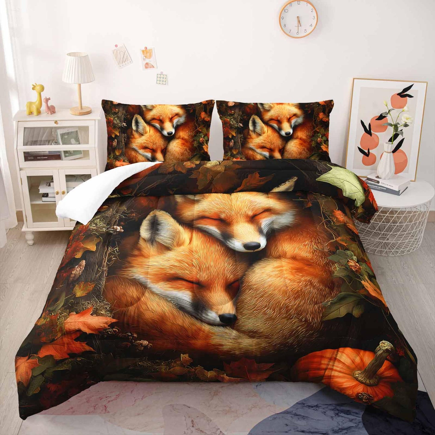 Nttopship Fox Comforter Set 3-Pieces Full Size,Cute Foxes Bedding Set for Kids Boys Girls Cute Animal Comforter Wildlife Quilt Set 3D Animal Plants Leaves Printed ThemeComforter with 2 Pillowcases