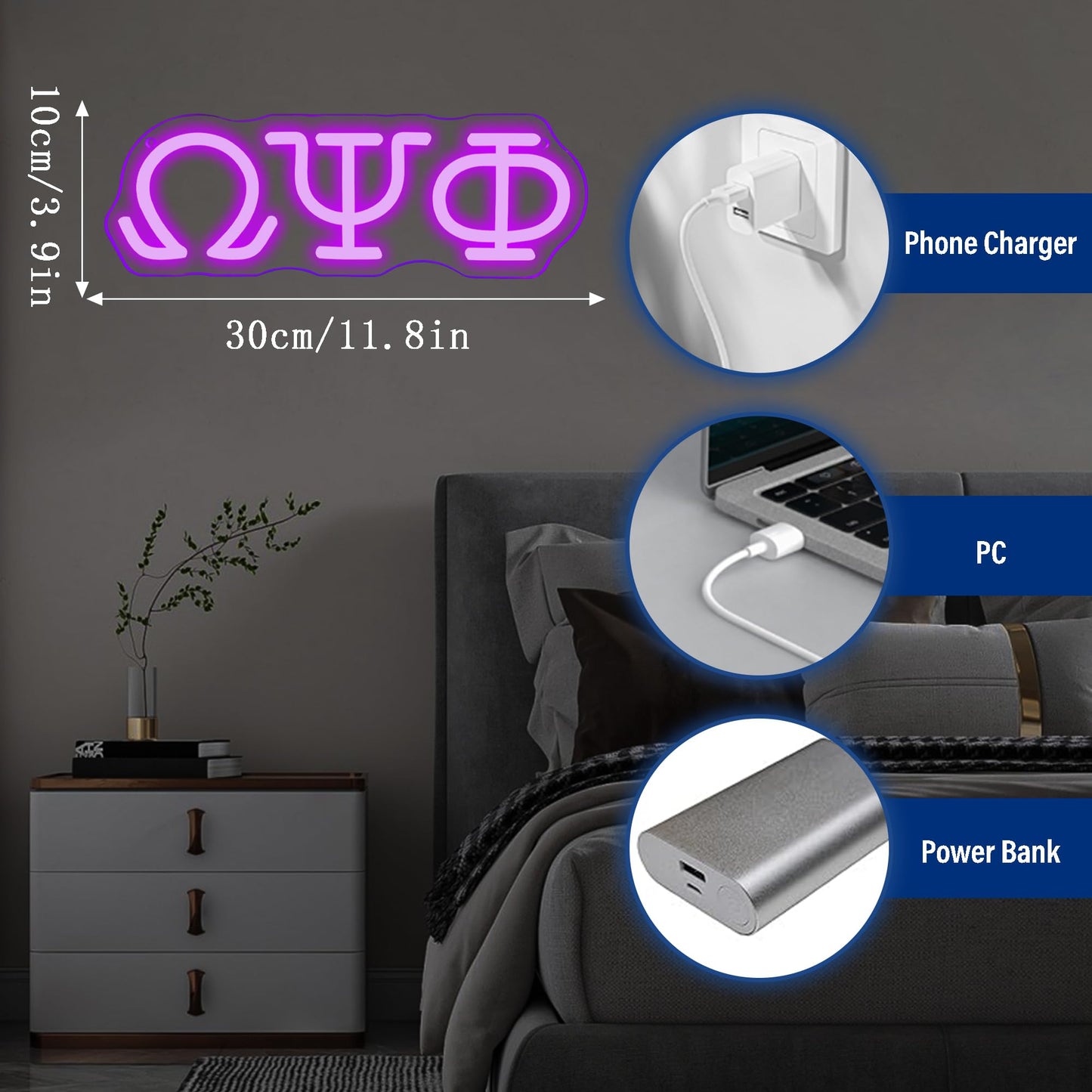 Psi Phi Fraternity Neon Signs for Wall Decor,Dimmable Led Greek Lettering Psi Phi Decor,USB Powered Fraternity Gifts for Man Cave Kids Room Bedroom Bar Birthday Gifts(11.8 * 4in)