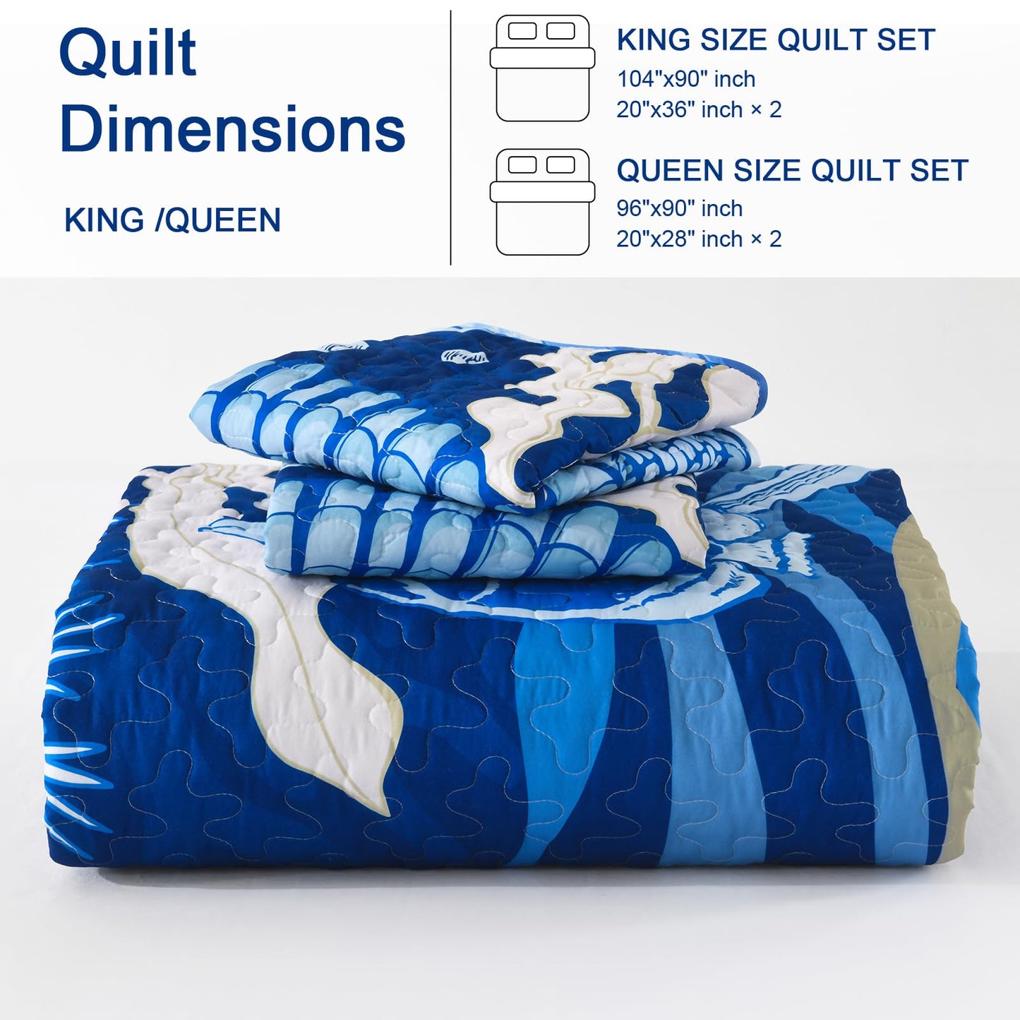DJY Coastal Quilt Set King Size 3 Piece, Beach Theme Pattern Quilted Blanket Thin Reversible Microfiber Bedding Lightweight Soft Bedspread Coverlet Sets for All Season (1 Quilt, 2 Pillow Shams)