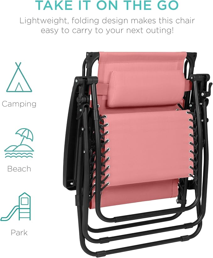 Best Choice Products 30” Wide Folding Zero Gravity Outdoor Recliner Patio Lounge Chair w/Adjustable Canopy Shade, Headrest, Side Accessory Tray - Pink