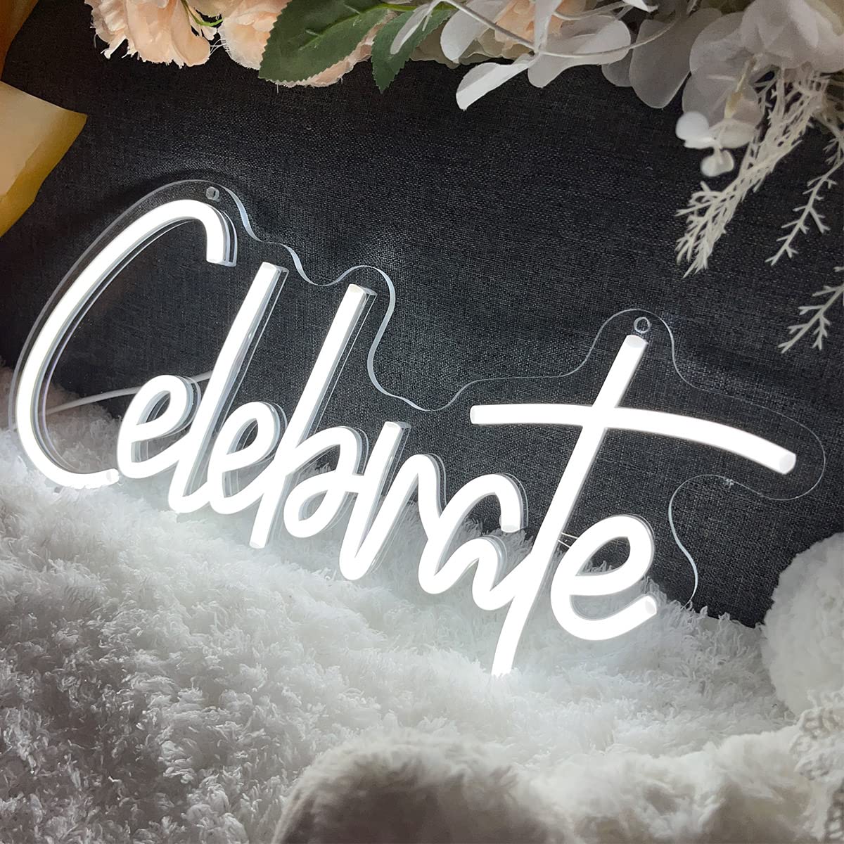 Neon Sign The Celebrate for Wall Decor Custom Light Up Sign Indoor Bedroom Home Decor LED Neon Light Sign Large Backdrop Flex Birthday Wedding Christmas Living Room Business Gift,White 40Ă18.7 CM