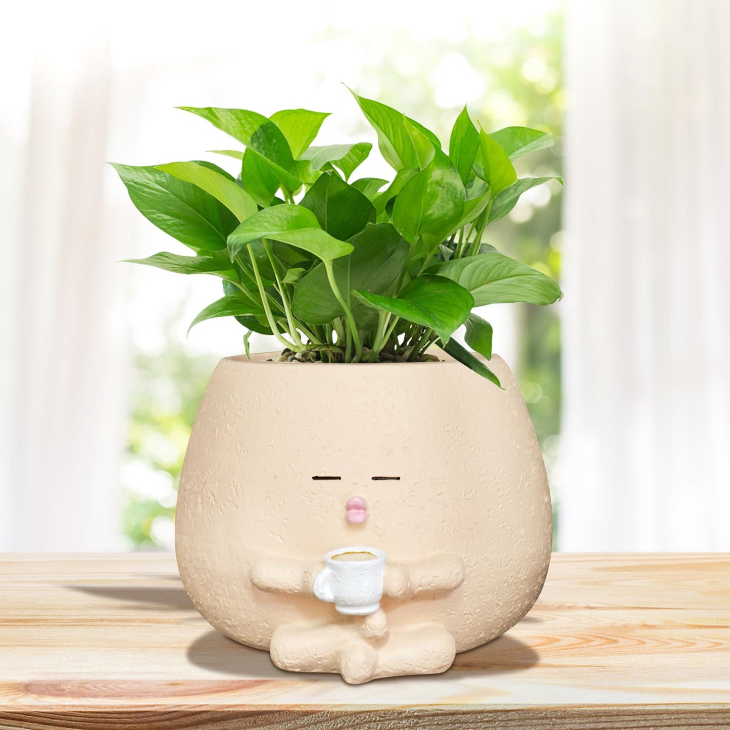 Toparad Smily Face Planter Pot with Coffee Cup Cute Resin Flower Head Planters for Indoor Outdoor Unique Sit Succulent Pots with Drainage Hole Gift IdeaI for Mother Christmas (Khaki)