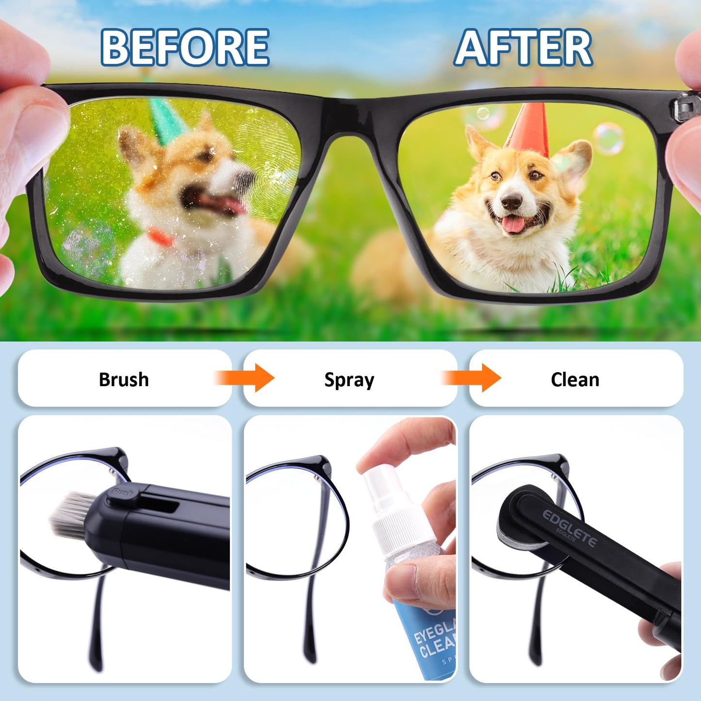 Glasses Cleaner Eyeglass Cleaning Kit, Lens Cleaners Spray with Microfiber Cloth, Portable Glasses Cleaning Kit for Travel, Safe Eyeglasses Cleaner Tool, No Streaks Scratch, Black