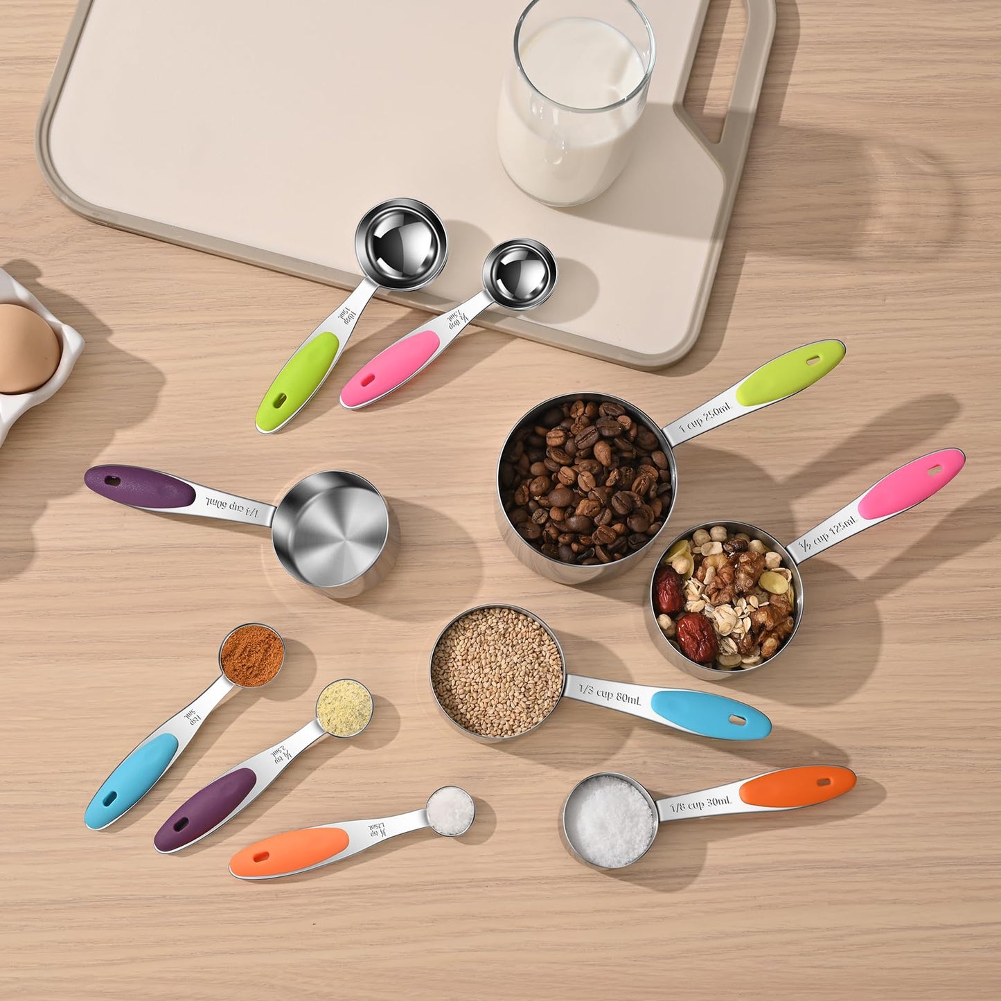 10-Piece Measuring Cups and Spoons Set, 304 Stainless Steel with Color-Coded Handles, Engraved Markings Never Fade, Plastic Free, Dishwasher Safe, Includes 1/8 Cup & 1/4 Tsp