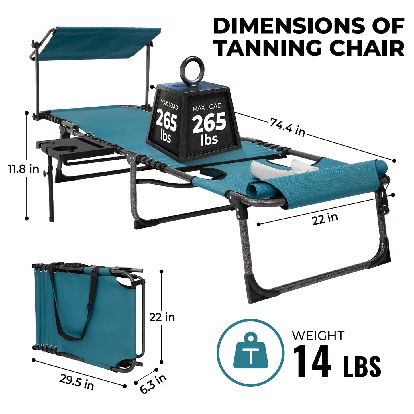 FUNDANGO 4 in 1 Tanning Chair with Face Hole, Beach Lounge Chair with Canopy Shade & Side Table Chaise Lounge Chairs for Patio, Pool, Lawn, Sunbathing, 5-Position Adjustable Sun Lounger, Cyan