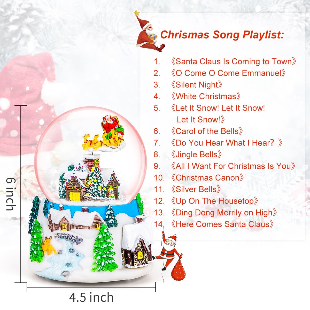 Mr.Winder Christmas Music Box Snow Globe Gift, Musical Rotating Santa Claus Flying Over Village Glitter Xmas Present for Girls Women Girlfriend Daughter Son Granddaughter, Plays 14 Christmas Songs