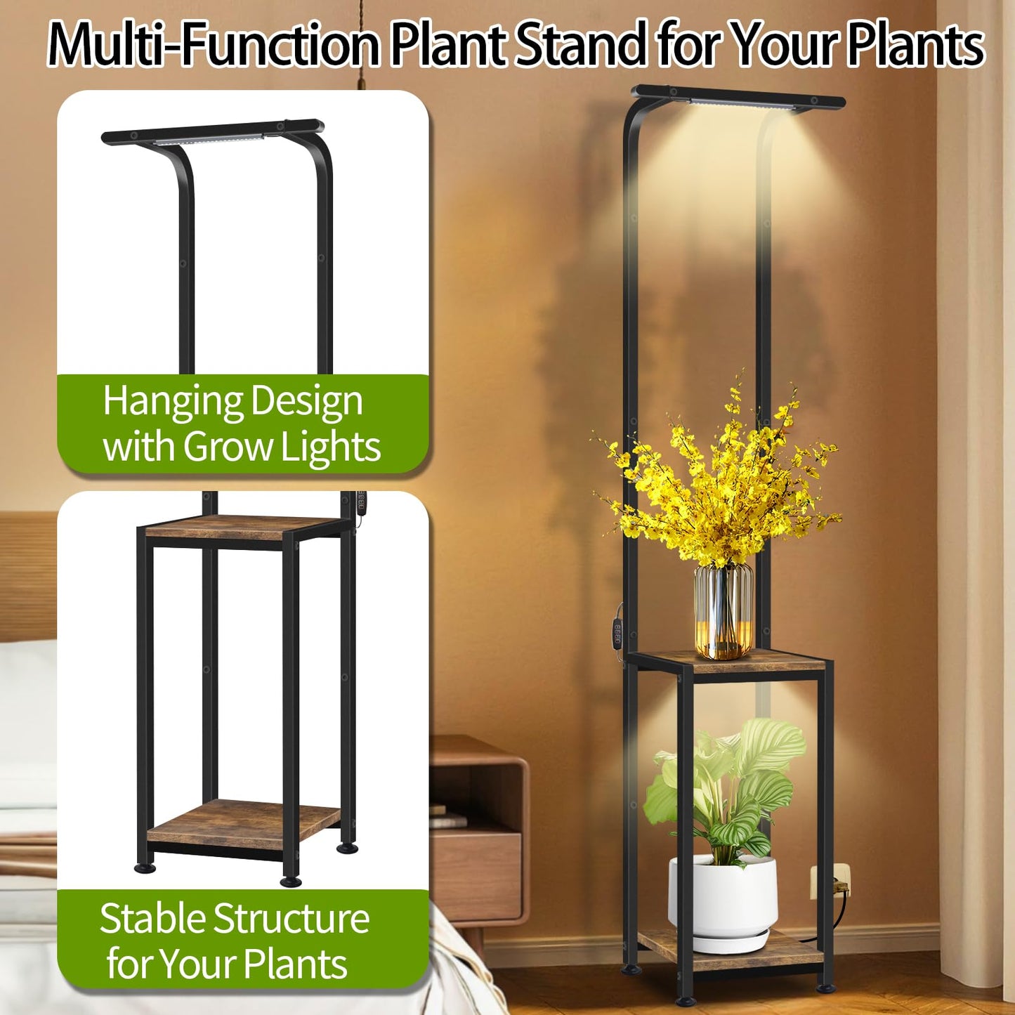 Plant Stand Indoor with Grow Lights, Hanging Plant Stand Plant Shelf Indoor, 65'' Tall Plant Stands Plant Holders for Indoor Plants, Living Room, Bedroom, Balcony
