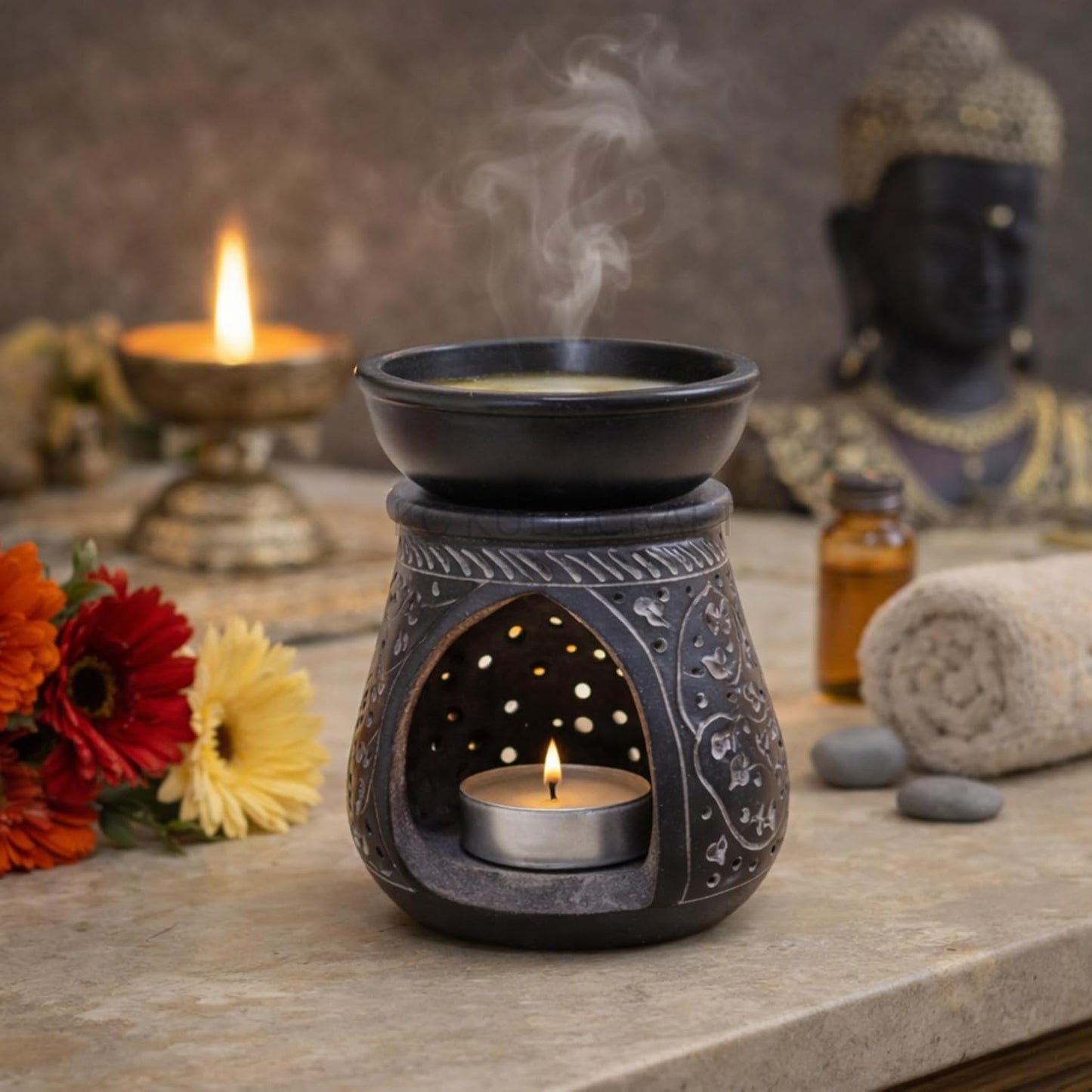 KC KULLICRAFT Handmade Black Soapstone Aroma Oil Burner