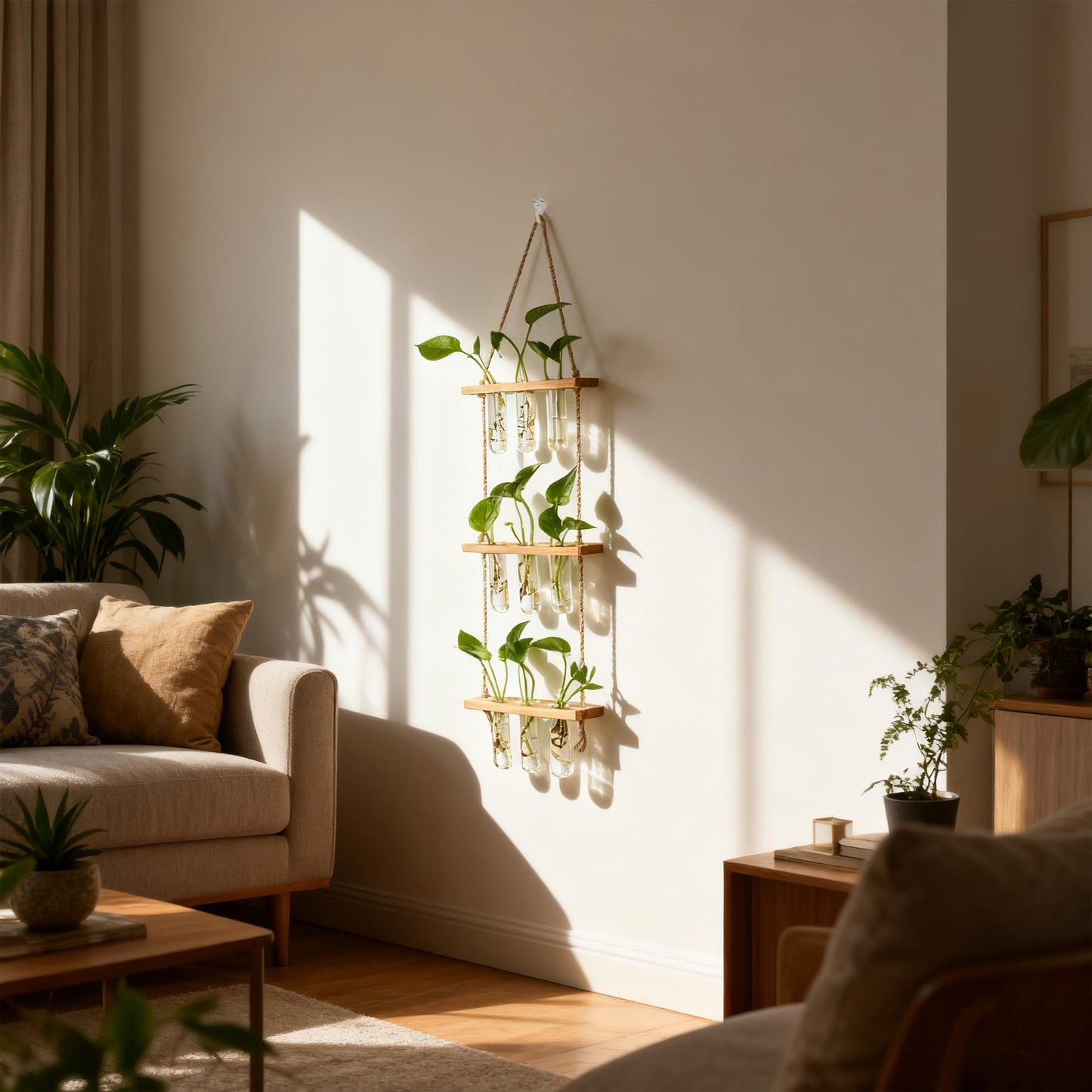 Hyindoor Wall Hanging Propagation Stations 3 Tired Wall Planter Terrarium with Wooden Stand and Glass Test Tubes Plant Hanger Flower Vase for Home Office Wall Decor Hydroponic Cuttings