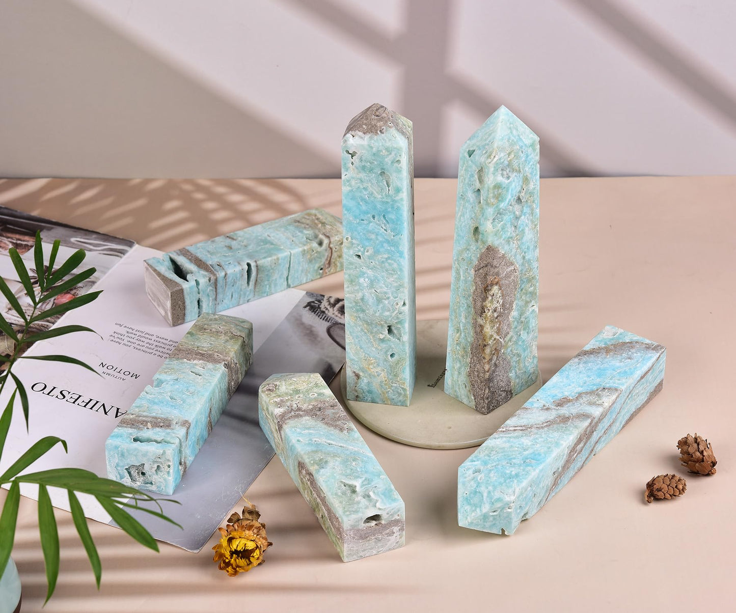 AMOYSTONE Healing Crystal Tower Wands Hemimorphite Large Obelisk for Home Décor Crystal Grid Therapy 1.3-1.7 LBS