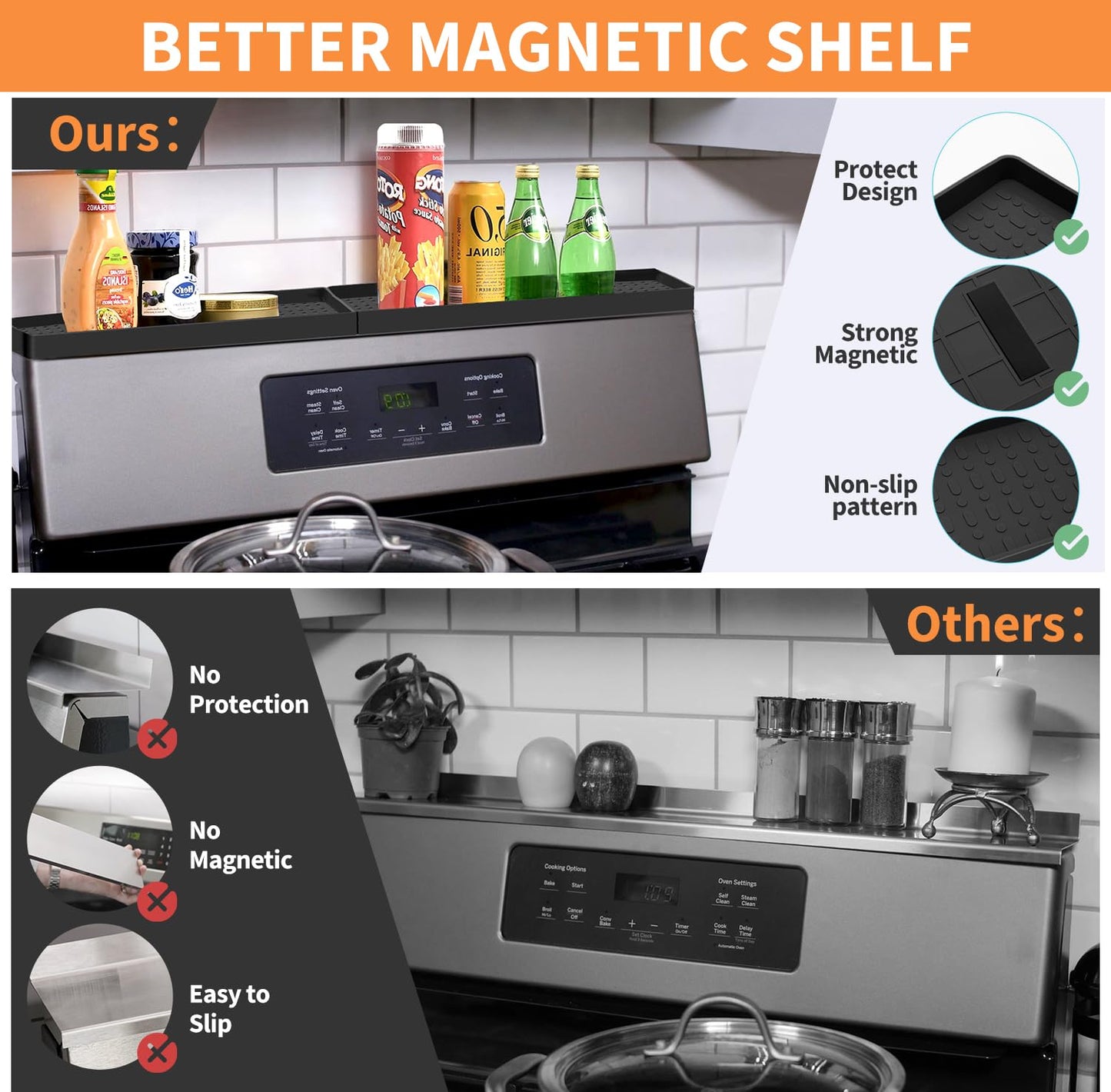 30 Inch Silicone Magnetic Stove Top Shelf, Kitchen Shelf Over Stove Spice Rack Apartment Must Haves Kitchen Gadgets for Above Stovetop Seasoning Organization and Storage with 2 Functional Prtitions