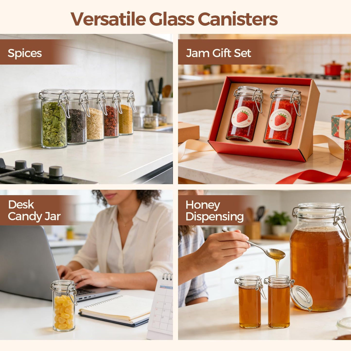 ComSaf 12 Pack 4 oz Glass Spice Jars with Airtight Swing Top Lids, Small Clear Containers for Pantry Organization, Herb Storage, DIY Crafts & Gifts - Complete Set Includes Funnel & Spice Labels