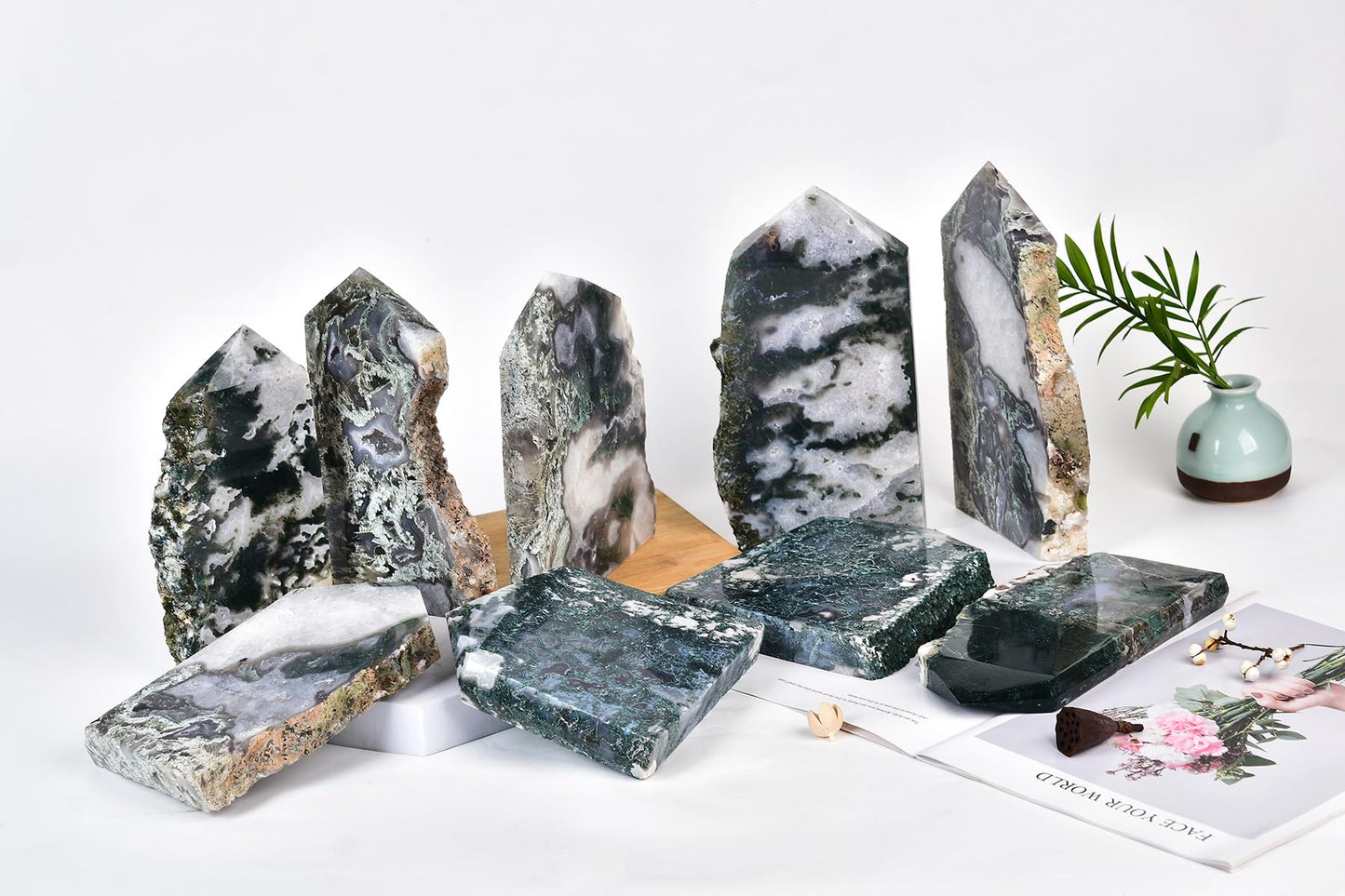 AMOYSTONE Moss Agate Crystal Point - 0.8-1.3 lb Natural Stone Carving for Meditation & Spiritual Decor