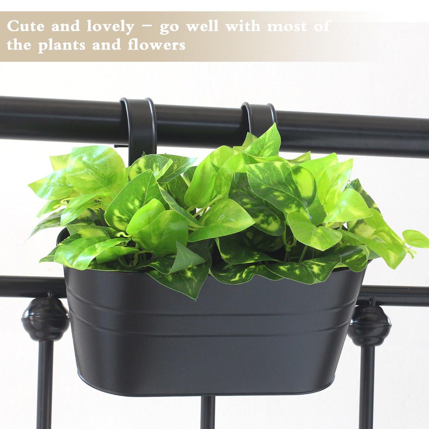 XXFBJNMD 5 Pack 10.6 Inch Metal Hanging Flower Pot Oval Metal Railing Planter Balcony with Detachable Hook Indoor Outdoor Decor for Railing Fence Balcony Garden (Black)