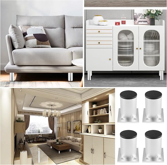 Set of 4 Furniture Legs 2.36 Inch, Adjustable Aluminum Alloy Cabinet Legs