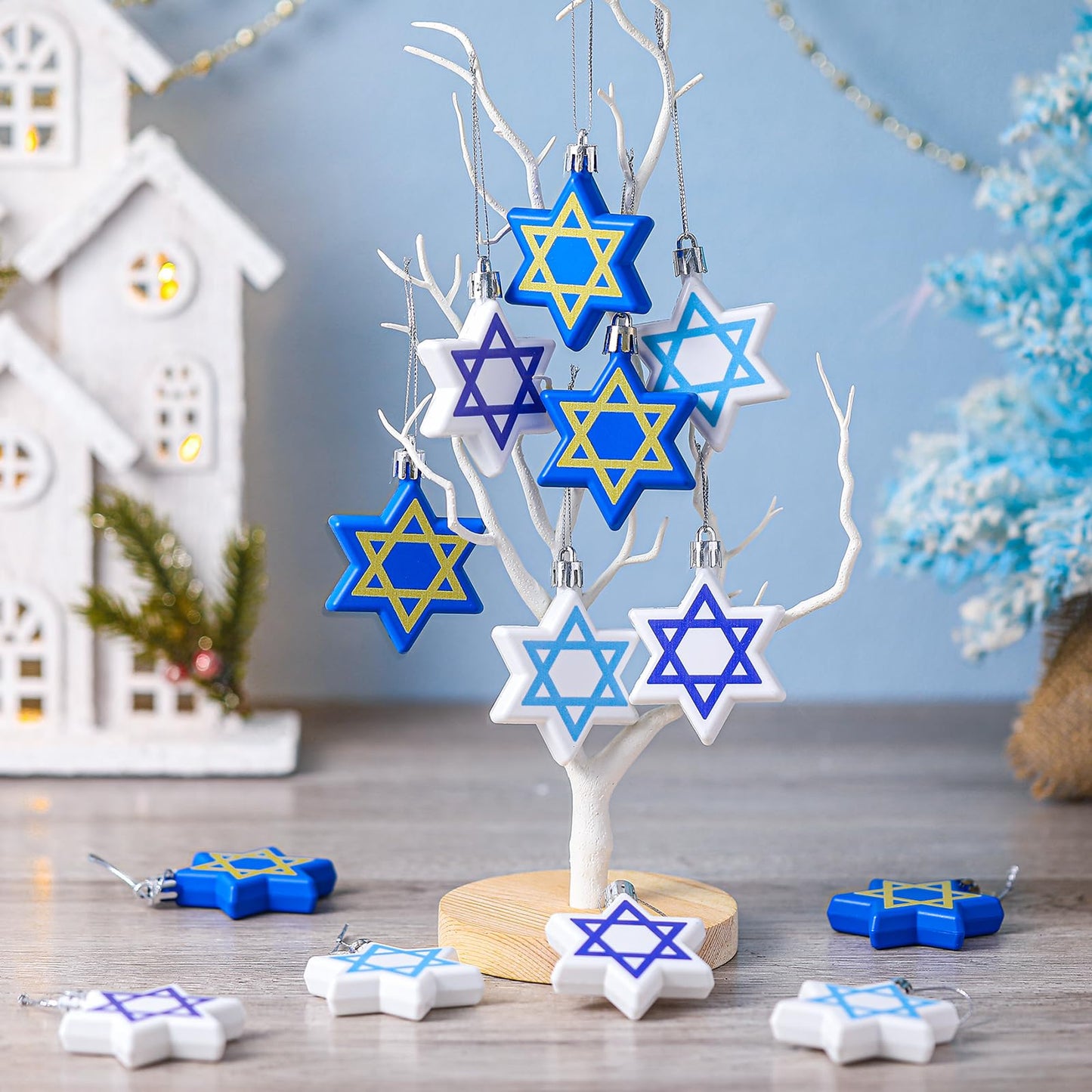 Chunful 24 Pcs Hanukkah Ornaments for Tree Star Hanging Ornaments Shatterproof Star of David Tree Decorations Chanukah Balls Blue and White Jewish Christmas Decorations for Xmas Party Supplies