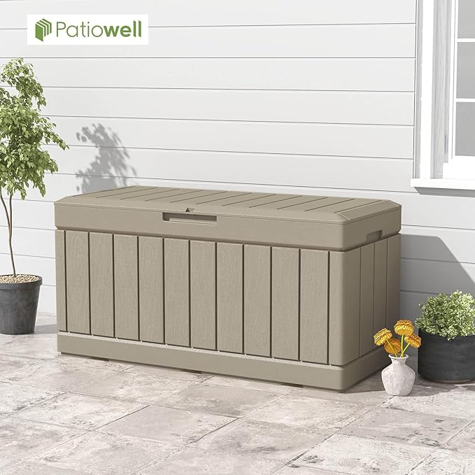 Patiowell 82 Gallon Resin Deck Box, Waterproof Large Wood Look Storage Box for Patio Furniture, Pool Accessories, Garden Tools and Sports Equipment, Lockable, Light Brown