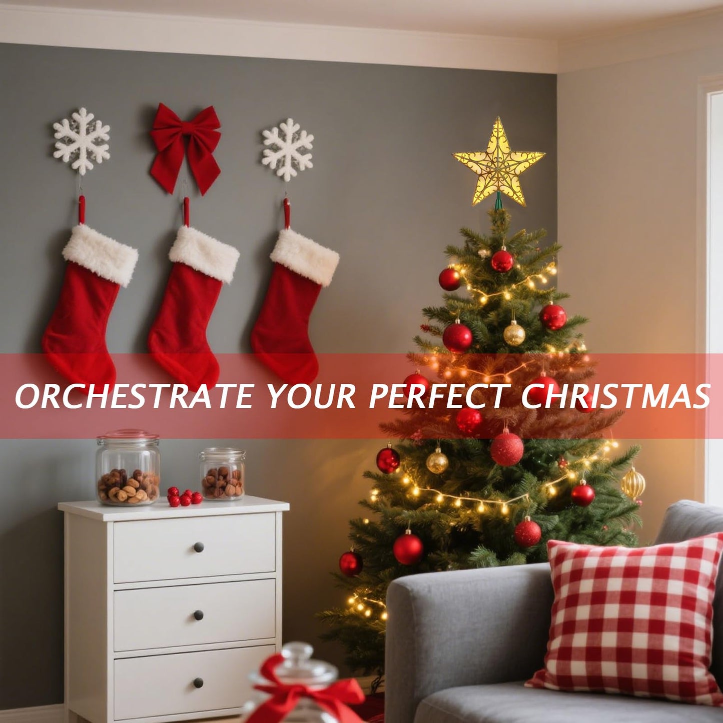 Christmas Star Tree Topper, Gold Glittered 3D Star Tree Topper, with Warm White LED Lights String Lights for Indoor Office Christmas New Year Holiday Tree Decoration