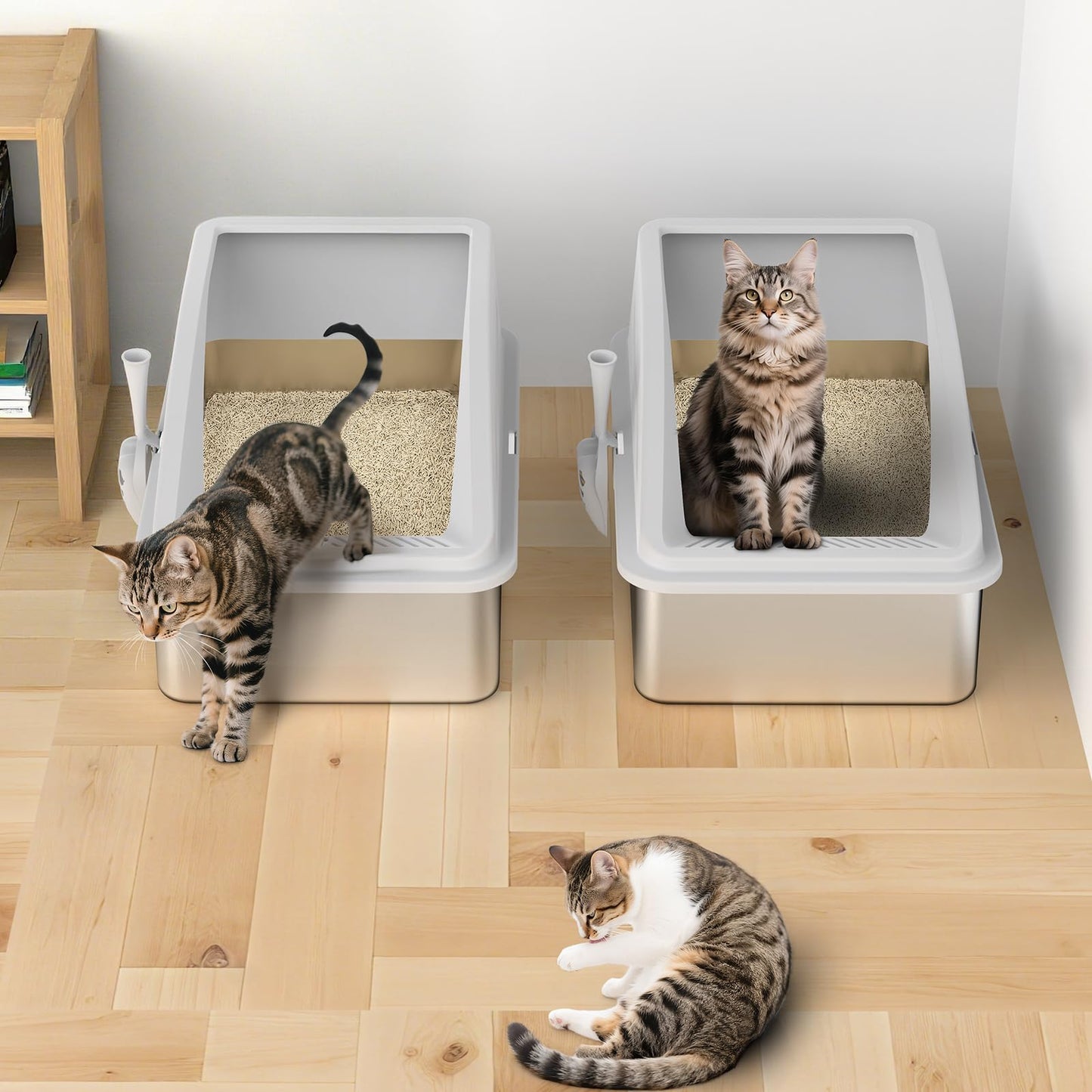 2 Pack Stainless Steel Litter Box | XL Enclosed Cat Litter Boxes with Lid for Big Cats and Multi-Cats | High Sided, Anti-Urine Leakage | Non-Stick Bottom(Silver Gray)
