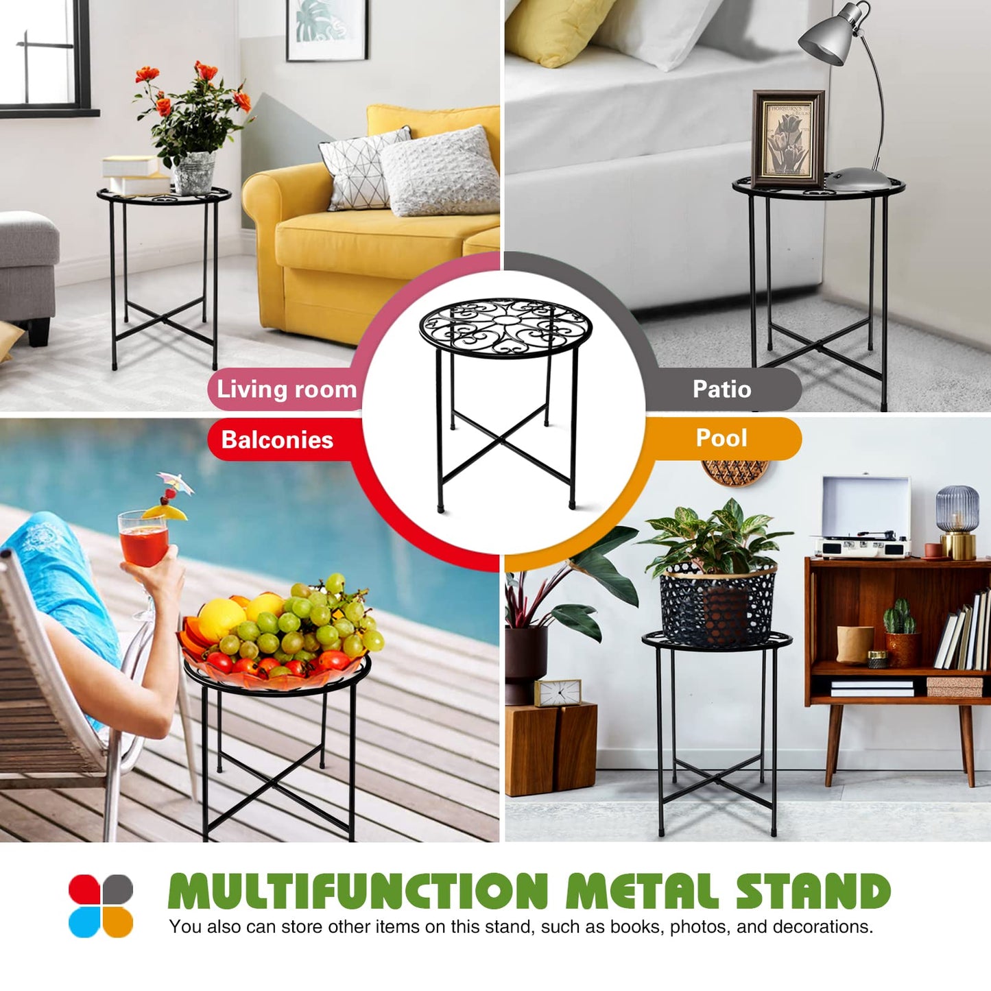 KABB Metal Plant Stand, 15'' Tall Flower Pot Stand Set of 2, Modern Rustproof 10-inch Round Outdoor Plant Stand | Iron Art Flower Stand | Plant Stool, Decorative Black Plant Stands for Indoor Plants