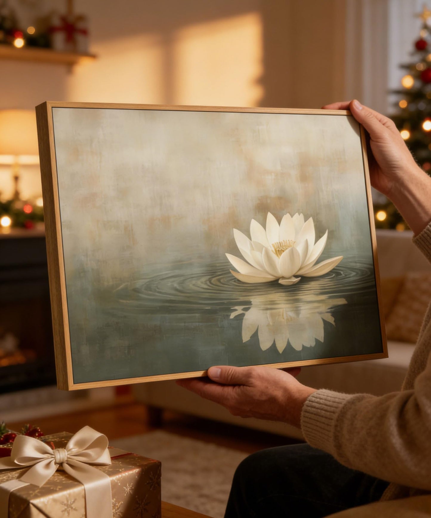 Framed Sage Green Japandi Canvas Wall Art Zen White Lotus Flowers Picture Wall Decor Japanese Wabi Sabi Poster Prints for Yoga Spa Meditation Spiritual Room Living Room Home Decoration 12x16in