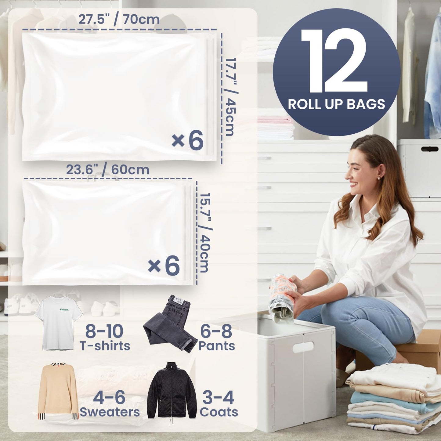 TAILI 12 Pack Travel Compression Bags, Roll Up Space Saver Combo (6 Large, 6 Medium), No Vacuum Needed Reusable Packing Bags for Luggage, Suitcase, Backpack, Travel Essentials