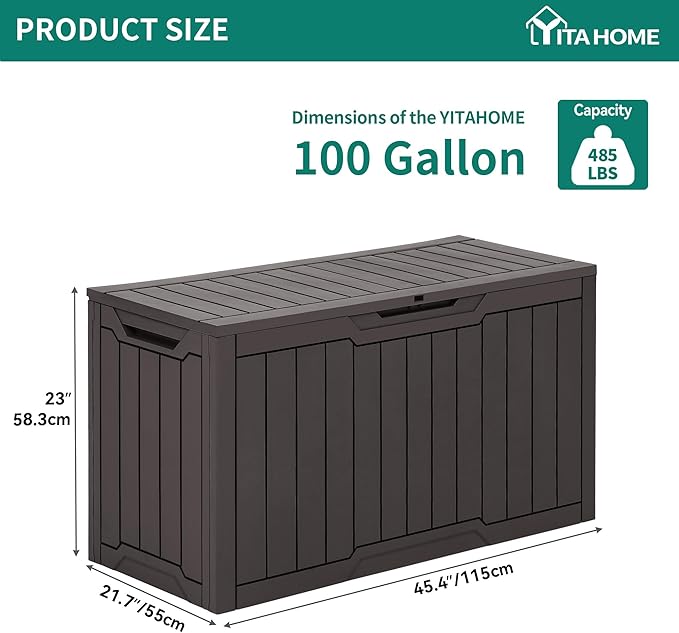 YITAHOME 100 Gallon Resin Deck Box, Weather Resistant Outdoor Storage Box, Lockable Indoor Outdoor Storage for Supplies and Essentials, Dark Brown