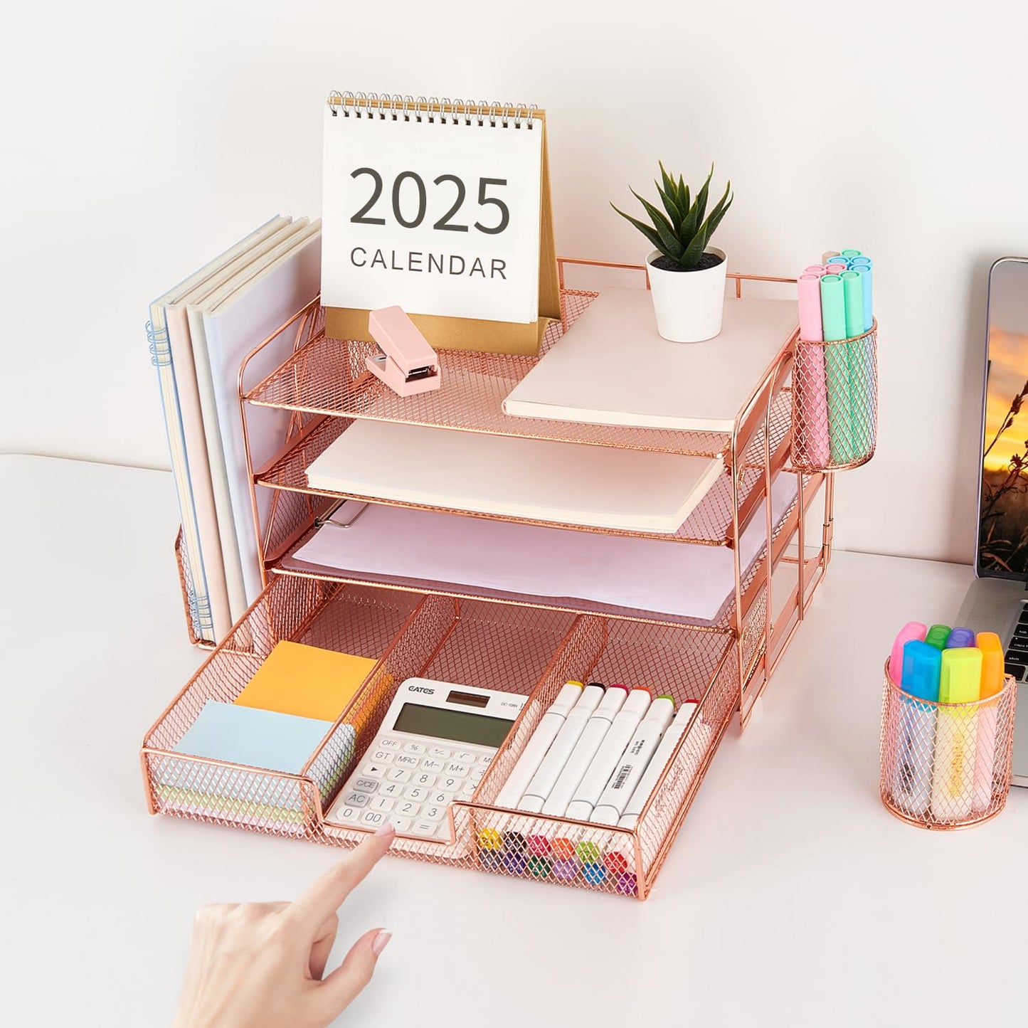 gianotter Desk Organizers and Accessories with File Holder, 4-Tier Desk Accessories & Workspace Organizers with Drawer and 2 Pen Holder, Paper Organizer for Office Supplies (Rose Gold)