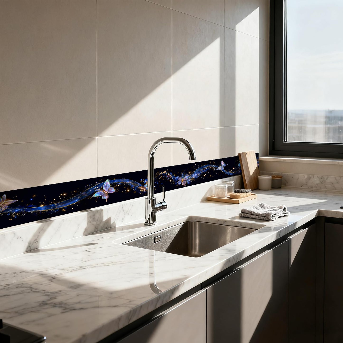 Nuxovilar Wallpaper Border Peel and Stick 3.94x16.4Ft PVC Removable Self-Adhesive Bathroom Kitchen Living Room (Starry Night Butterfly Ribbon Pattern)