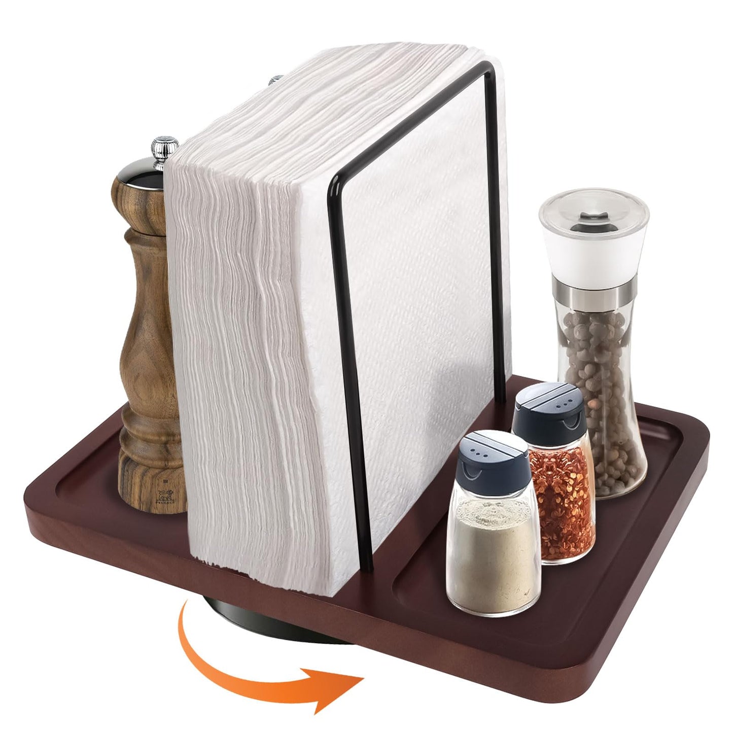 2 in 1 Napkin Holder for Table, Rotating Metal Napkin Dispenser with Salt and Pepper Shakers Caddy Standing Paper Towel Holder for Kitchen Dinner Table and Picnic Decors,Not Including Shakers