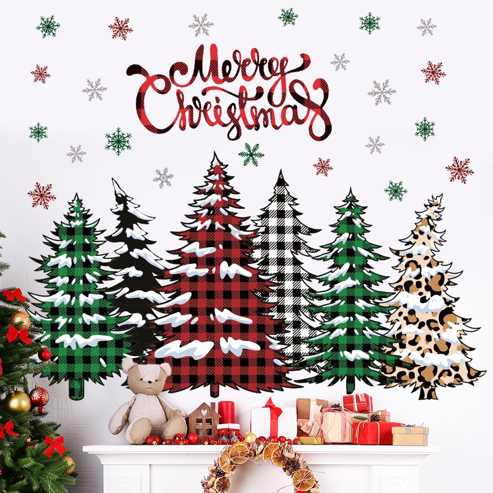 Merry Christmas Wall Decal Buffalo Checkered Christmas Tree Wall Stickers Winter Snowflake Window Clings for Xmas Holiday Festival Party Supplies