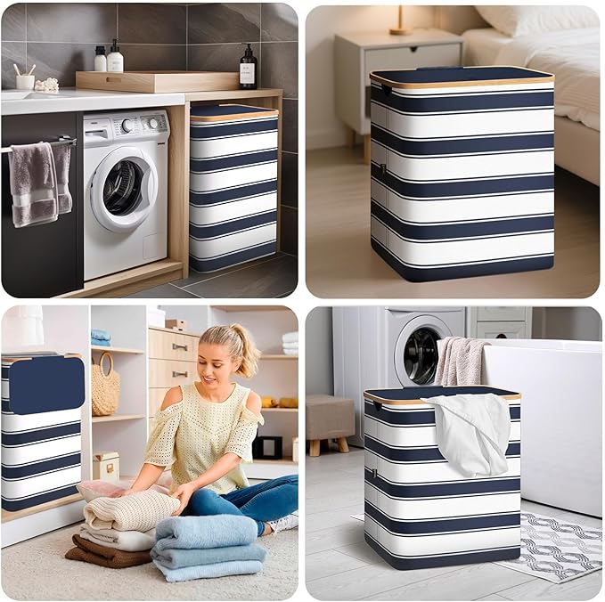 BALEINE Laundry Hamper with Lid, Tall Laundry Baskets with Bamboo Pull Handles