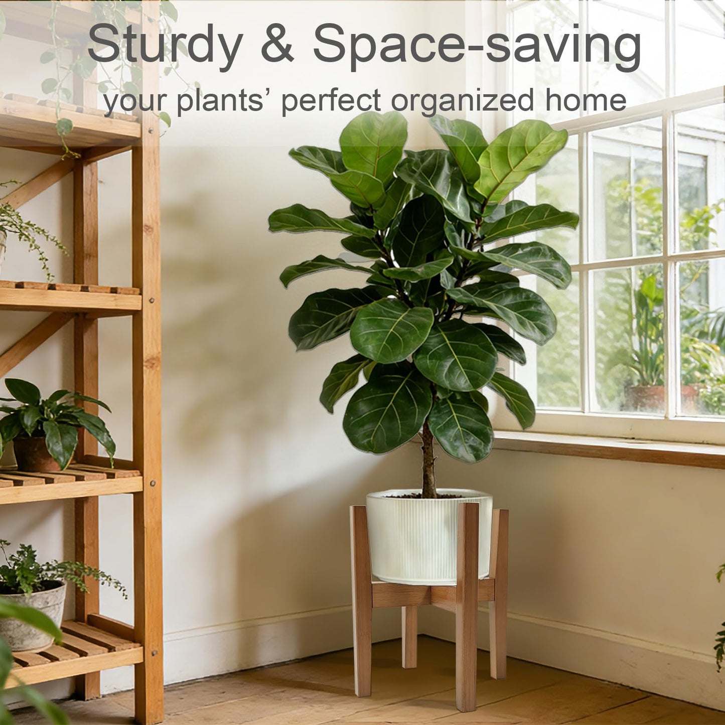 Lissomballon Natural Bamboo Plant Stand Indoor, Adjustable Plant Shelf Indoor Fits 8-12 Inch Pots, Mid Century Modern Decor to Refresh Your Space(Pot & Plant Not Included)