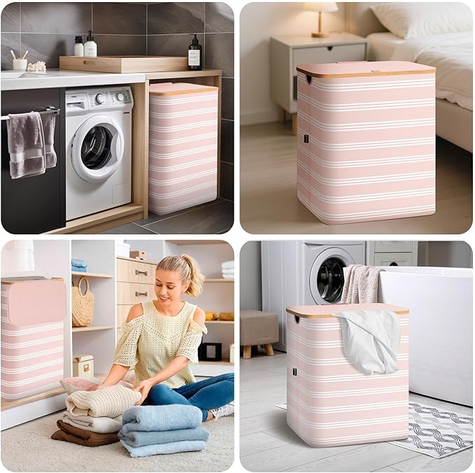 BALEINE Laundry Hamper with Lid, Tall Laundry Baskets with Bamboo Pull Handles