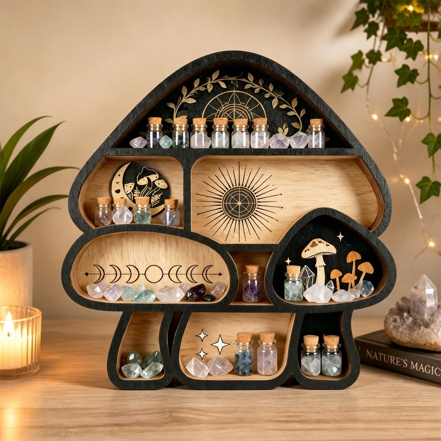 Zetosva Mushroom Crystal Shelf Display, Decor Wall Shelves, Crystal Holder, Mushroom Decorations and Trinket Shelf, Knick Knack Shelf, Unique Aesthetic Home Decor for Bedroom and Living Room