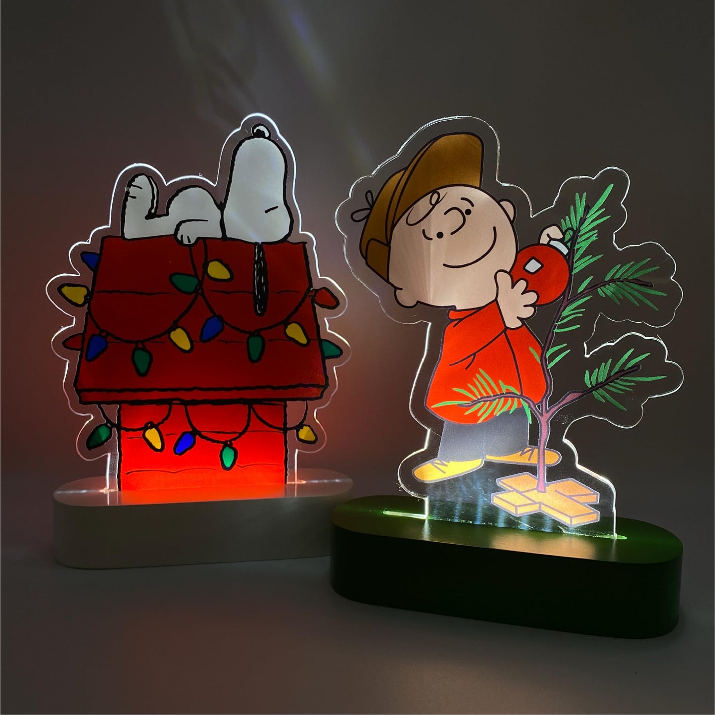 Mark Feldstein, Peanuts Holiday LED Illuminated Acrylic Tabletop Lights, Snoopy's Decorated Doghouse and Charlie Brown's Christmas Tree, 6 Inch (Set of 2)