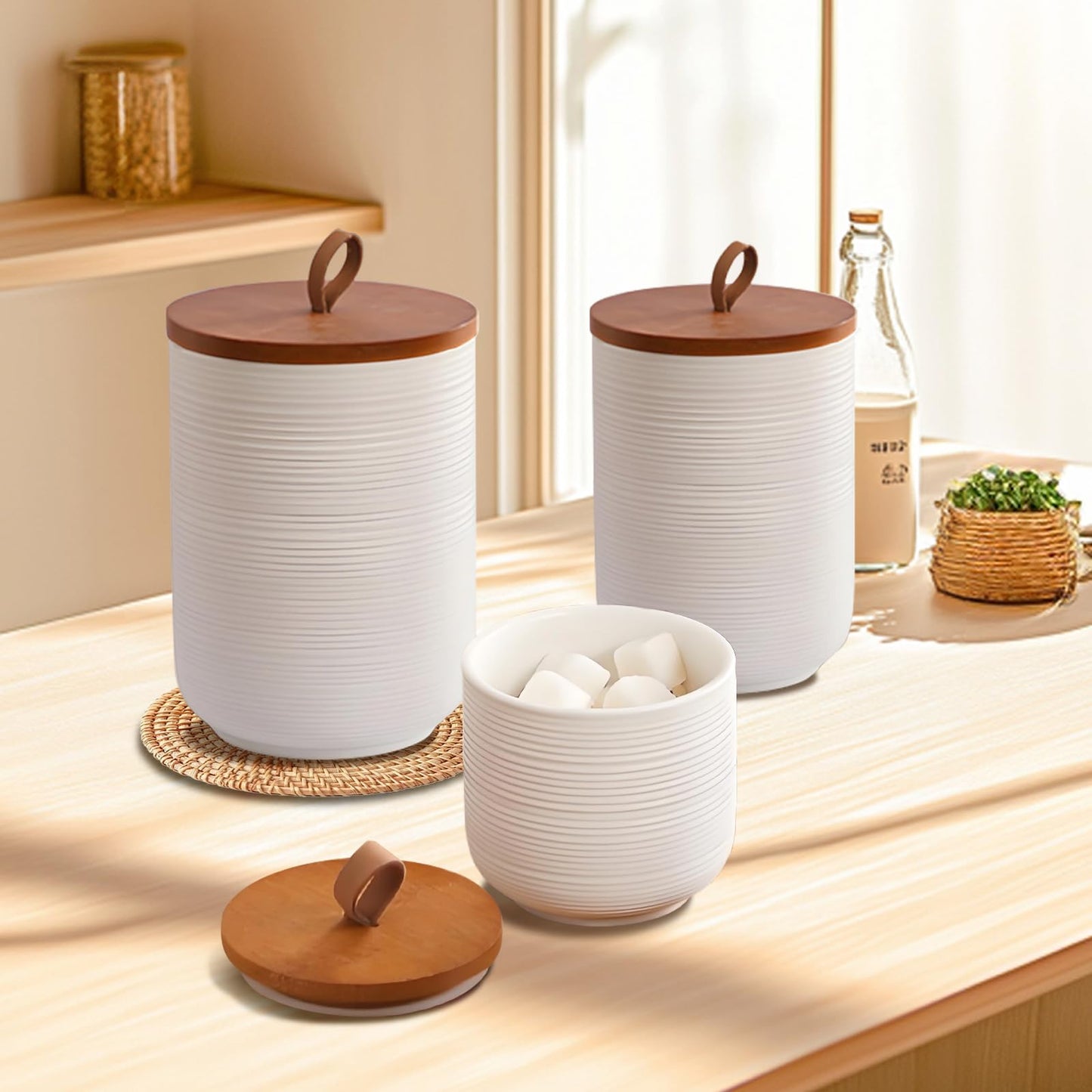 Food Storage Jar Strong Ceramic Storage Canisters with Airtight Wooden Lid,Kitchen Storage Containers for Serving Coffee Beans, Tea, Sugar, Salt, Spices (White three-piece suit)