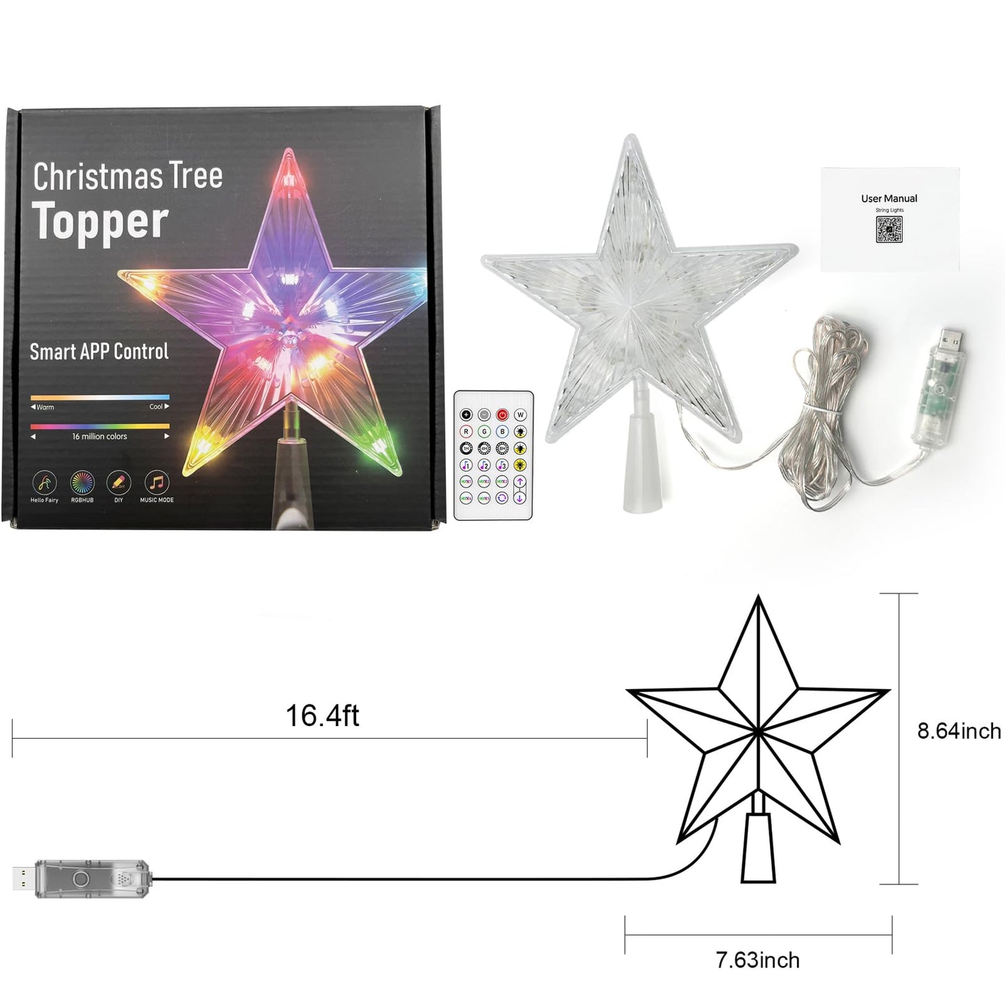 7.6" Christmas Tree Topper Star, RGB LED Lighted Star Tree Top w/Remote Control&APP, Scene Mode, DIY, Dimmable, Timer, Multicolour Lighted Treetop for Xmas Trees Holiday Party Gift Decorations