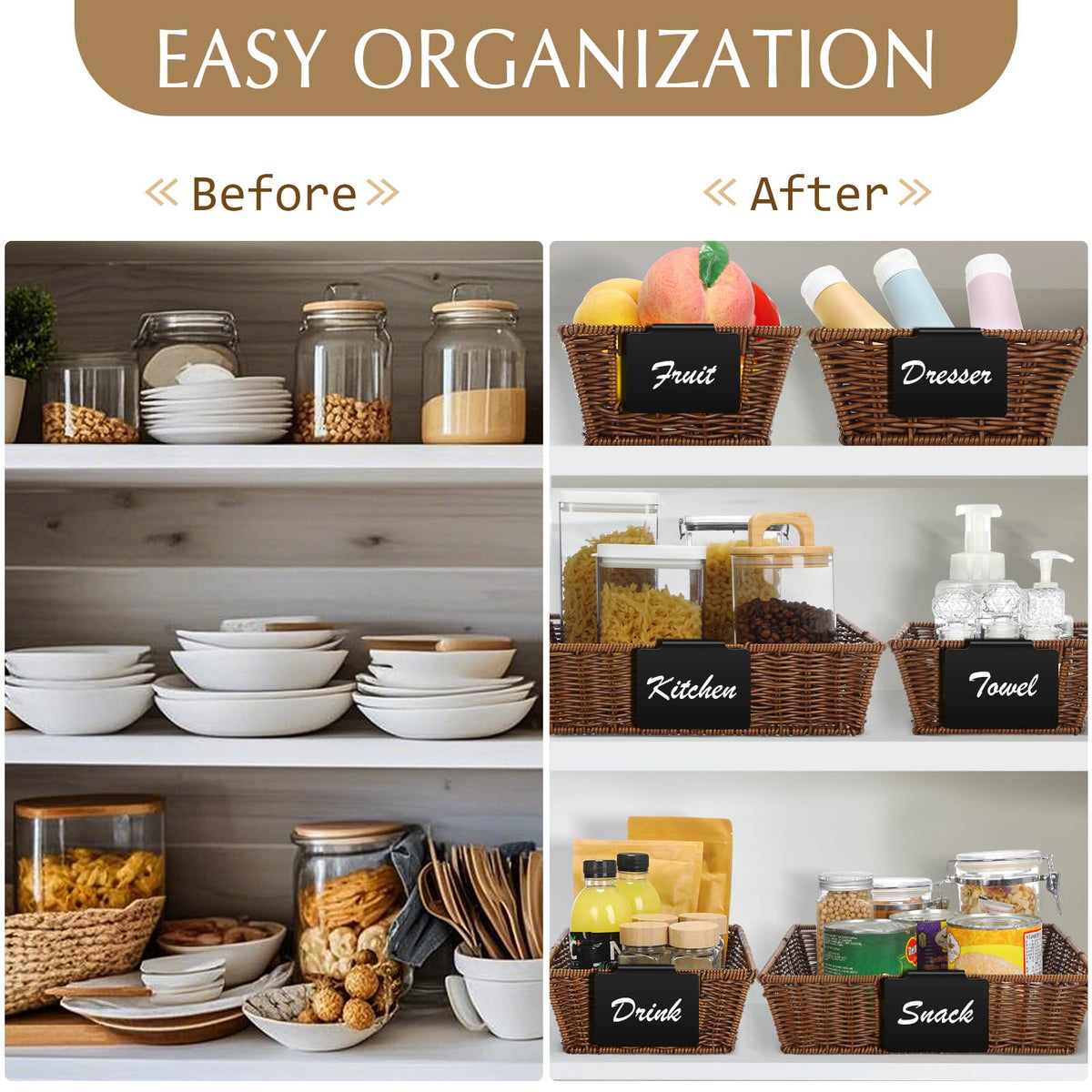 Marsui 9 Pcs Wicker Storage Baskets for Pantry Organization with Handle Labels Handwoven Multi-size Dark Brown Small Organizer Baskets Storage Bin Container for Shelves Closet Toilet Christmas Holiday