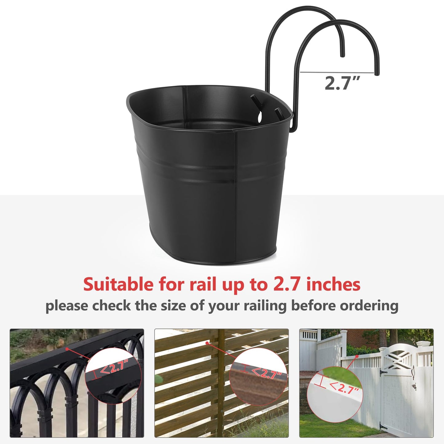 Dahey 3 Pcs Metal Hanging Flower Pots for Railing Fence 10.6 Inch Wall Planters for Indoor Plants Outdoor Countryside Window Flower Holder with Hooks Drainage Holes for Garden Yard Home Decor, Black