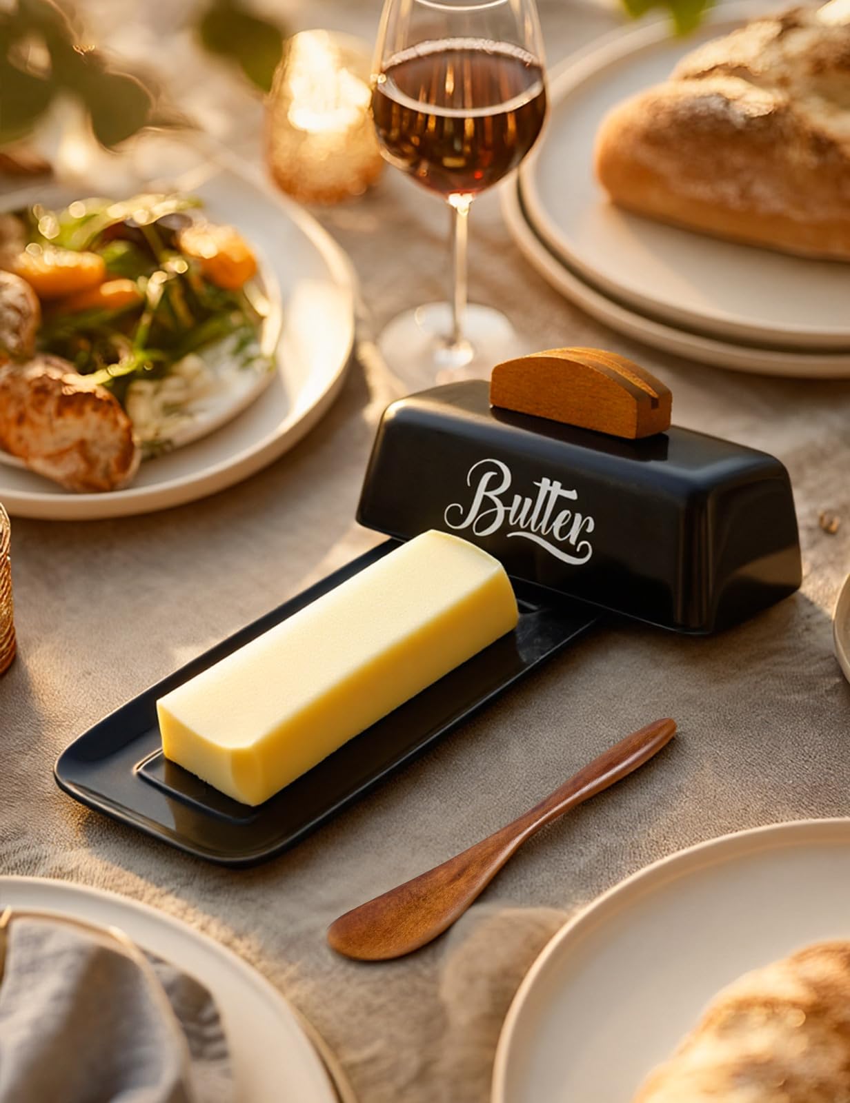 Black Butter Dish with Lid and Knife,Black Butter Tray,Ceramic Butter Holder for Counter Humanized Clamp-able Knife Handle Design Perfect for East West Coast Butter