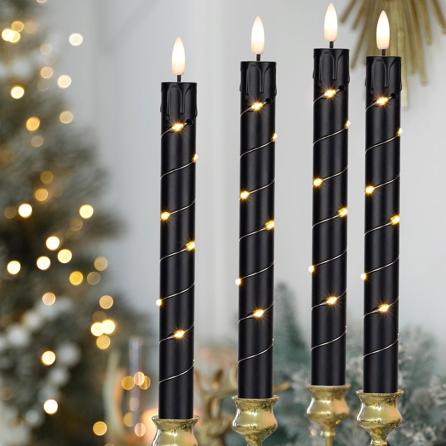 Flameless LED Taper Candles Flickering with Remote & Timer for Halloween Decorations๏ผBattery Operated Candles, Arounded with Starlight String, Party & Home Decoration, Pack of 6,Black