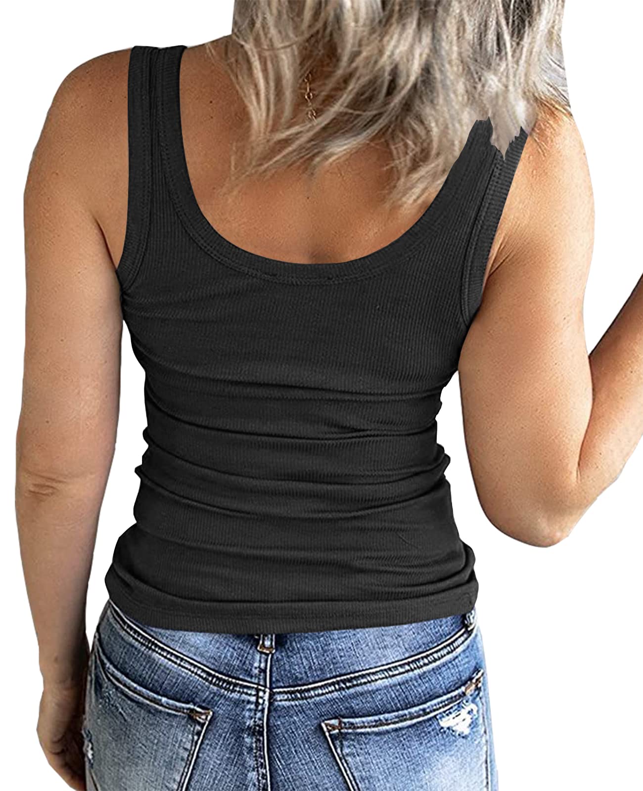 GEMBERA Women's Sleeveless Scoop Neck Ribbed Tank Tops Fitted Basic Cami Tee Shirts(Black,L)