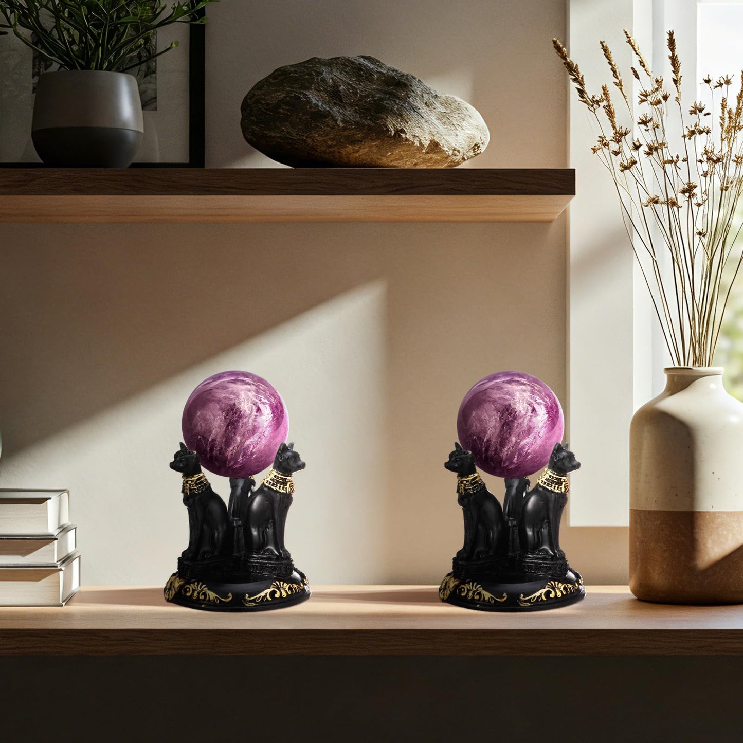 Geelin 2 Pcs Bastet Cat Sphere Stand Egyptian Cats Crystal Sphere Holder Black Ball Display Base Resin Figurines Statue Home Decoration for 50-55mm Spheres