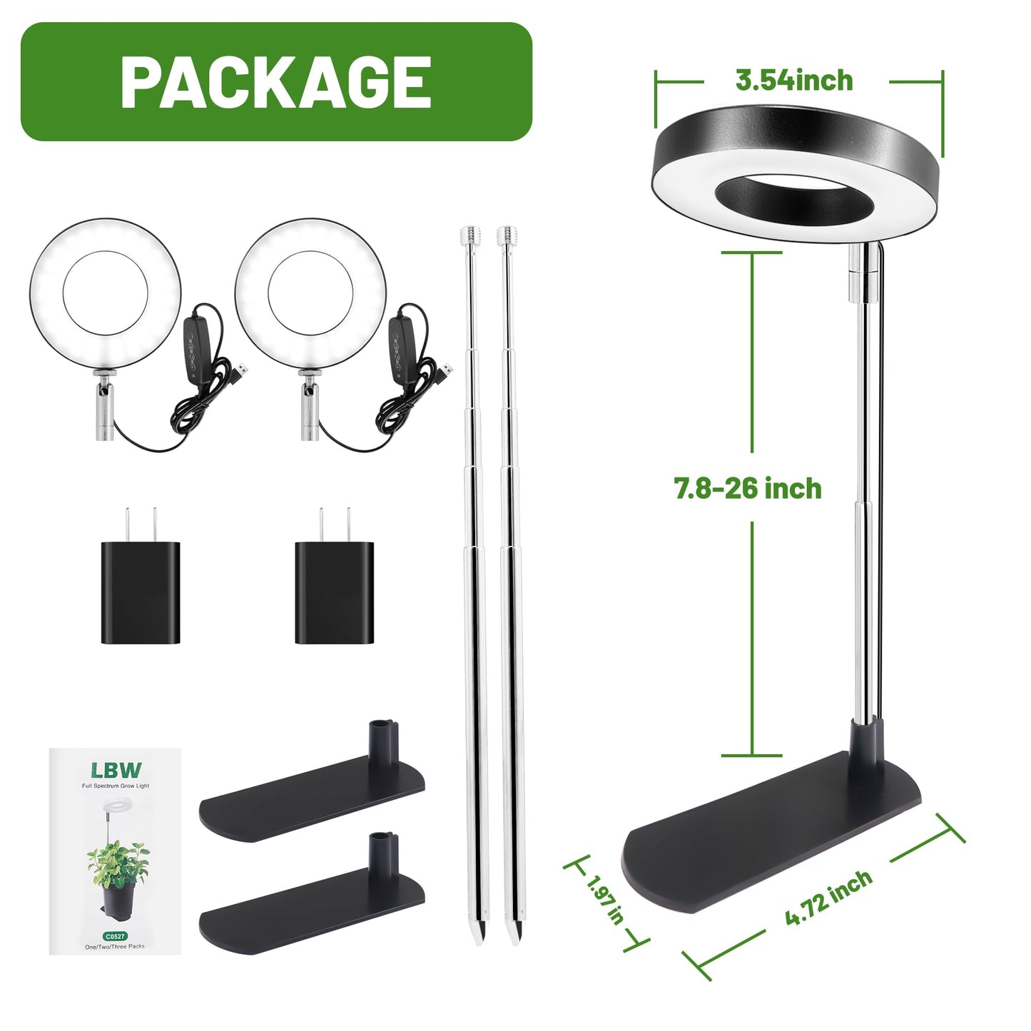 LBW Grow Light for Indoor Plants, Full Spectrum Halo Plant Grow Light with Base, Height Adjustable Plant Lamp with Auto Timer 6/8/12/16H, 3 Color,5 Dimmable Level, for Small Plants, Black, 2 Packs